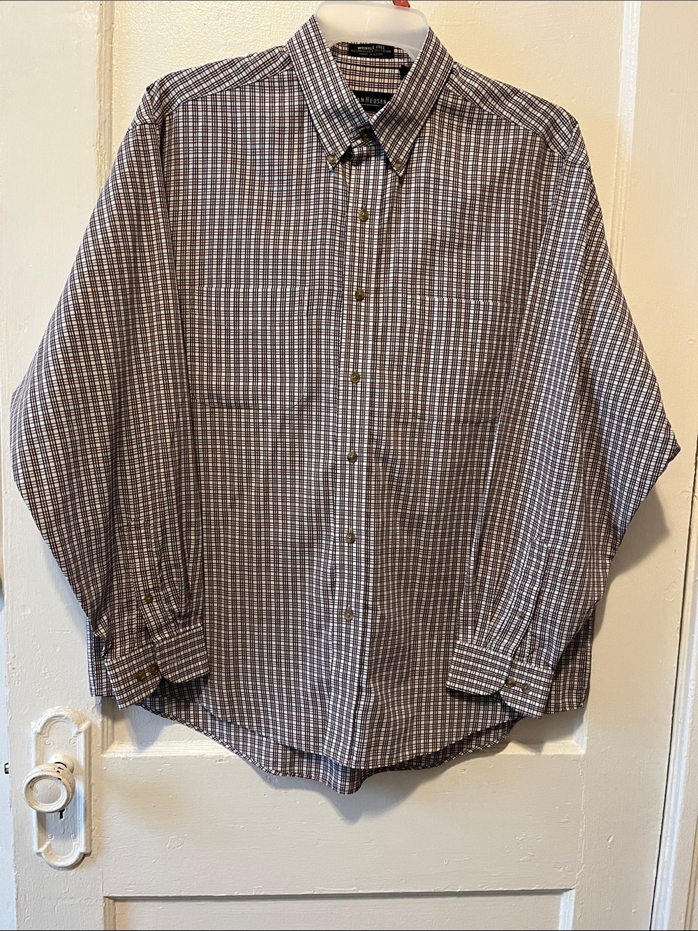 Casual Brown & White Plaid Button-Down Shirt